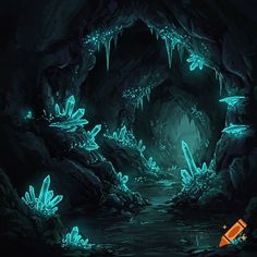 an underground cave filled with lots of green plants