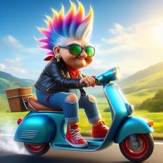 a cartoon character on a blue scooter with colorful hair and sunglasses riding down the road