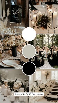 Minimalist black and white wedding mood board featuring neutral floral arrangements, black bridesmaid dresses, modern table settings, and romantic candlelight decor — designed by By His Grace Studios.