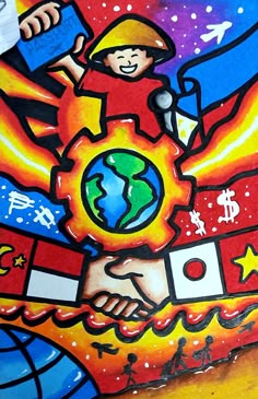 a painting on the side of a building depicting a man holding a globe and shaking hands with another person