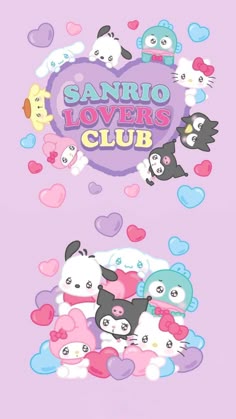 the sanrio lover's club logo is shown on a purple background with hearts