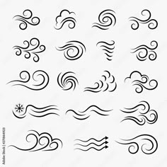 the different types of waves and clouds in black ink on white paper, each with an arrow
