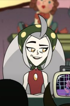 an animated image of a woman in front of a tv set with a cartoon character on the screen