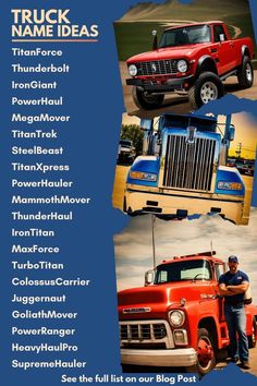 the truck name ideas list is shown in three different colors and sizes, including red