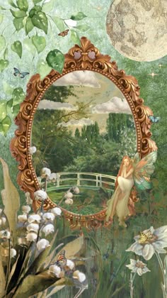 a painting of a fairy sitting in front of a mirror with flowers and butterflies around it