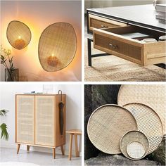 four different types of wicker furniture in various styles and sizes, including an end table with drawers