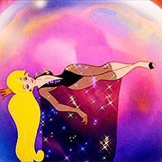 a painting of two women kissing in front of a ball with stars and sparkles