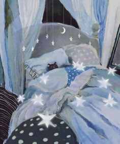 a painting of a bed with white stars on it and a black cat sleeping under the covers