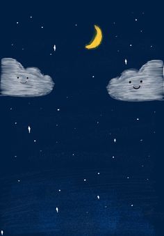 two clouds with faces drawn on them in the night sky