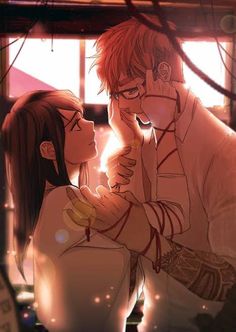 a man and woman kissing in front of a window with the caption i love you anime