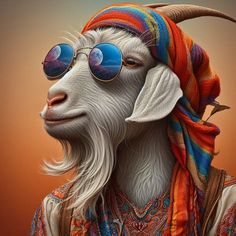 a goat wearing sunglasses and a colorful scarf