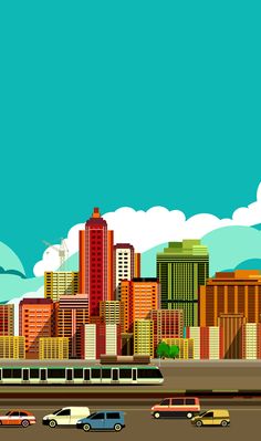 an image of a city skyline with cars driving on the road and buildings in the background