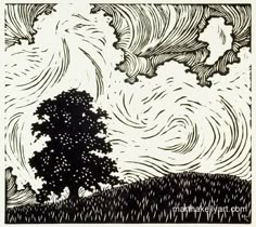 a black and white drawing of a tree on a hill with clouds in the sky