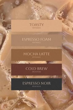 This palette captures the inviting tones of iced coffee drinks, blending light, creamy hues with rich, bold accents. The color names evoke the cozy, indulgent experience of an artisanal café.  ‎  ‎This versatile palette would work beautifully for a variety of design applications, from packaging and branding to interior decor and fashion. ‎  ‎‎  coffee colors, coffee, christmas, color palette,color palette collection, color, colors, color inspo, inspiration, moodboard, graphic design, brand color, logo color, branding, brand, color palette collection, color combination, tones, pantone, color theory, aesthetic Coffee Colors Palette, New Years Color Scheme, Cozy Color Combinations, Coffee Color Pallette, Cozy Cafe Color Palette, Coffee Colours, Cozy Colour Scheme, Neutral Color Palette Inspiration, Chai Color Palette