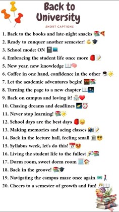 the back to university game is shown with words and pictures on it's side