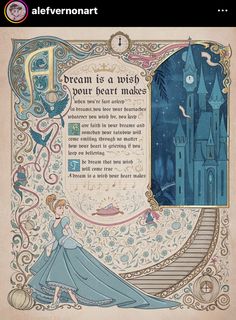 an illustration of a woman in blue dress walking down a path with a castle on it