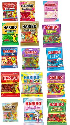 many bags of various flavored candy are arranged in a grid pattern on a white background