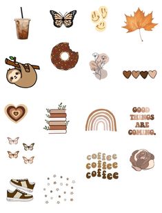 coffee stickers are arranged on a white background