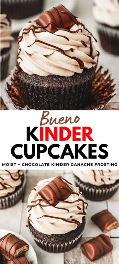 chocolate cupcakes with white frosting and drizzled on top are shown