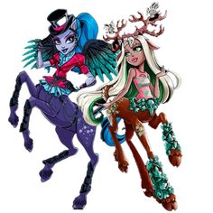 two cartoon characters riding on horses with one holding the horse's tail and another standing behind it