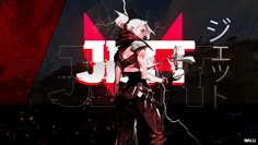 an anime character standing in front of a red and white background with the word j u on it