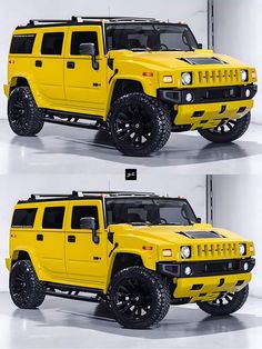 two pictures of a yellow hummer truck with black wheels and rims, side by side
