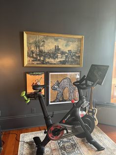 an exercise bike sits in the corner of a room with paintings on the wall and floor