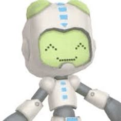 a white robot with green eyes sitting down