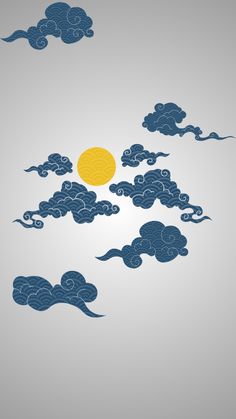the sun and clouds are flying in the sky with blue waves on grey background photo