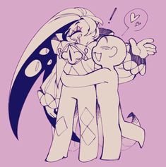 two cartoon characters hugging each other in front of a purple background with hearts and balloons