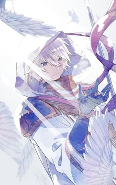 an anime character with white hair and blue eyes, holding a bird in her hand
