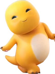 a yellow and white stuffed animal with one foot in the air