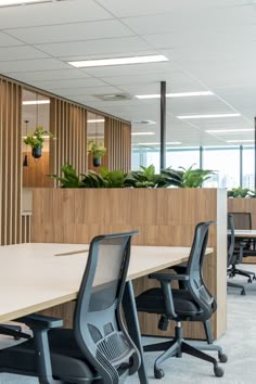 an empty office cubicle with chairs and plants