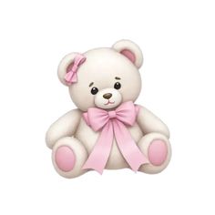 a white teddy bear with a pink bow on it's head and eyes, sitting in front of a white background