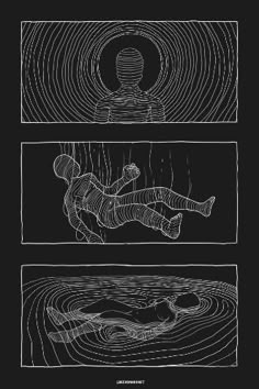 three black and white images with an image of a person floating in the water