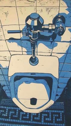 a blue and white drawing of a urinal in a tiled area with water coming out of it