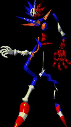 an old video game character in action with his arms outstretched and legs spread out, on a black background