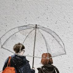 two people standing under an umbrella in the rain, one holding a handbag and the other carrying a purse