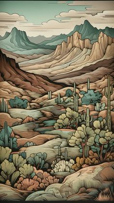 a painting of mountains and cactus trees in the desert
