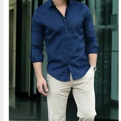 Blue Shirt With Cream Pants, Dark Blue Shirt Combo, Dark Blue Dress Boys, Shirt Combination For Men, Boys Blue Shirt Outfit, Navy Blue Shirt Man, Men Shirt Combo, Boys Combination, Best Shirt Colours For Men