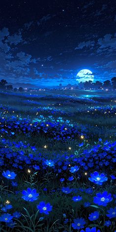 the night sky is full of stars and blue flowers