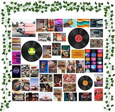 a collage of vinyl records with ivy growing around them