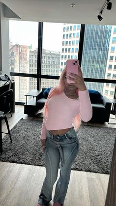 pink outfit, denim, pink top, lifestyle, outfit inspo, black girl, baddie, inspiration Winter Tops, Pink Outfit, Airport Outfit, Pink Hair, Pink Tops, Date Night Outfit, Black Hair, Influencer, Black Women
