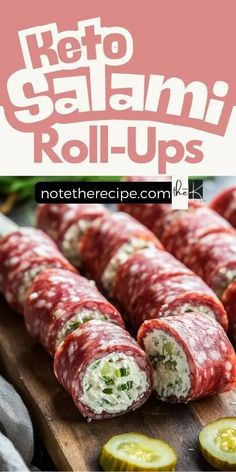 several different types of food on a cutting board with the words hello dalami roll - ups