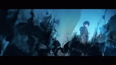 an animated image of a man standing in front of a blue background with black and white colors