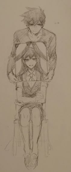a pencil drawing of two people sitting next to each other on a chair with their arms around one another