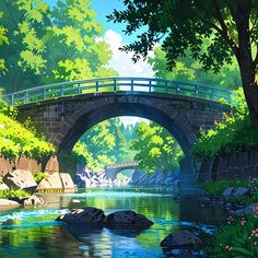a painting of a bridge over a river with rocks and trees in the foreground