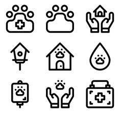 black and white icons depicting different types of house, dog's paw, hand with water