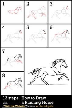 Learn how to draw a simple running horse in motion with this step-by-step guide. This running horse drawing tutorial breaks the movement into easy stages. Improve your horse drawing skills by following along. Click or tap the Visit Website button to open the full guide, created by SketchOk. How To Draw A Horse Full Body, How To Draw A Horse Bucking, How To Draw Someone On A Horse, Horse Reference Drawing, How To Draw A Horse Standing, Horse Step By Step Drawing, Horse Drawing Instructions, How To Draw A Man On A Horse, How To Draw A Horse With A Rider