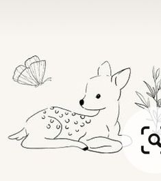 a black and white drawing of a deer laying on the ground next to some plants